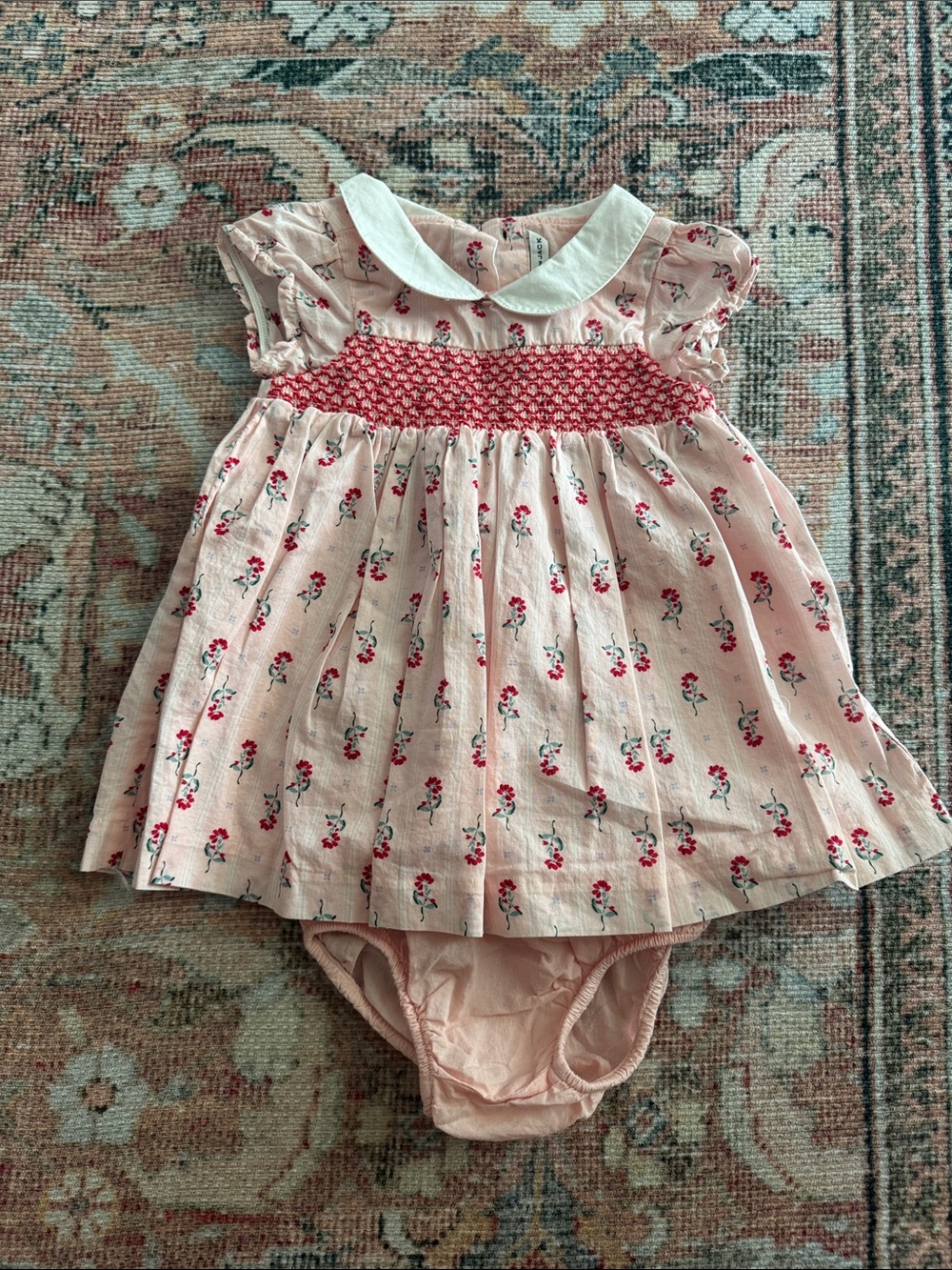 Janie and Jack Pink Floral Smocked Dress with White Peter Pan Collar